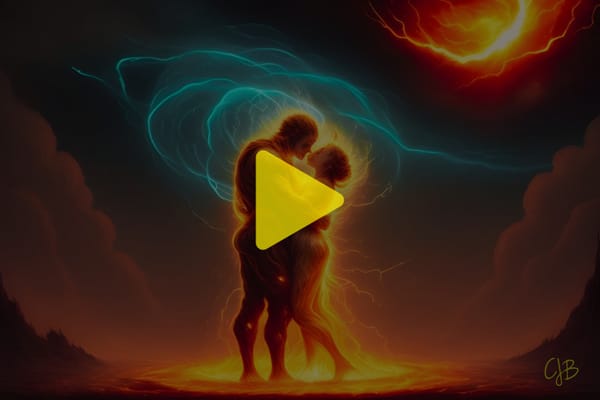 colorful illustration of a human like couple of lovers made in the form of fire kissing and causing sparks