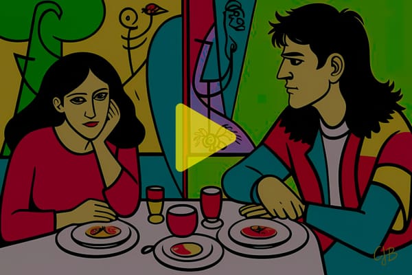 CJB ARTWORK COLORFUL OF A COUPLE LOOKING DISAPPROVING AT AND WAY FROM EACH OTHER AT A TABLE