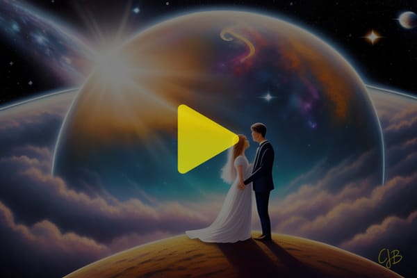 colorful illustration of a couple in wedding outfits standing on a planet looking down on galaxies and a planet