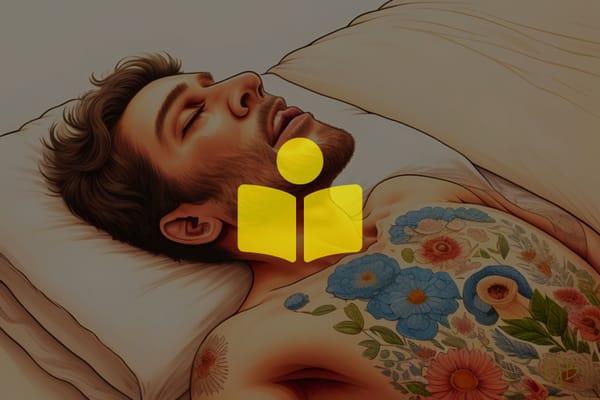 colorful drawing of a man lying in bed asleep looking glum with flowers tattooed on his body