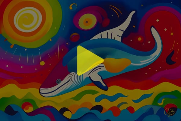 CJB COLORFUL ARTWORK OF A WHALE AND LOTS OF SHAPES DEPICTING A NEW WORLD FORMING