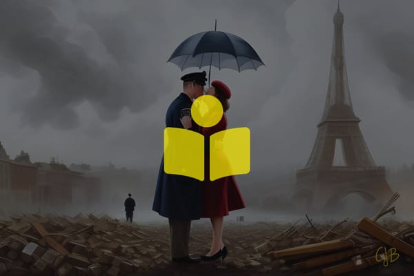 Colorful illustration of a couple kissing under an umbrella dressed in 1945 clothing with the Eiffel Tower in background