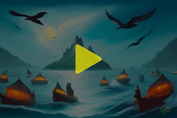 Colorful illustration of boats on the sea a glowing with lights and islands around with bird above