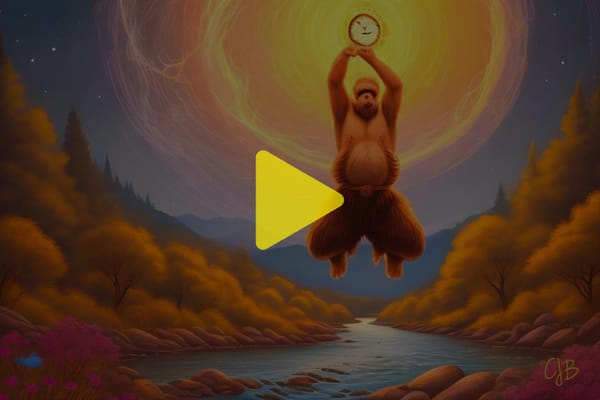 Colorful illustration of an ape man jumping in the air above a river and holding a clock face which is glowing