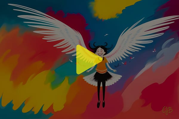 girl with wings smiling and flying through colored clouds