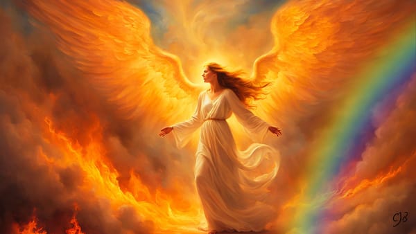 female angel in clouds with fire around and a rainbow