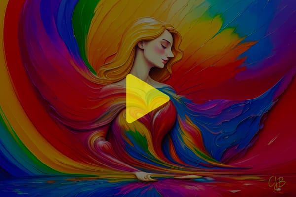 cjb artwork in rainbow colors abstract of woman looking to right and her body is swirling into colors