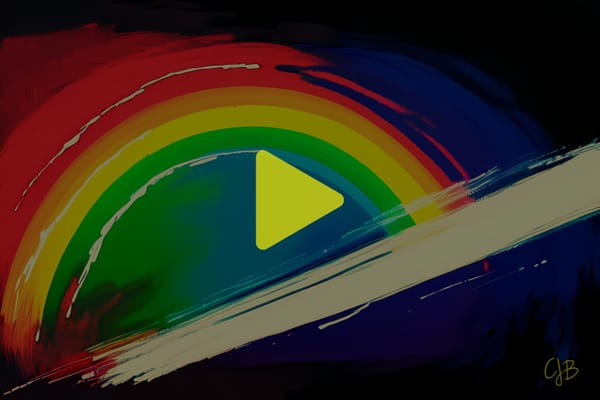 an image of abstract rainbow with a cream paint line going diagonally and black edges