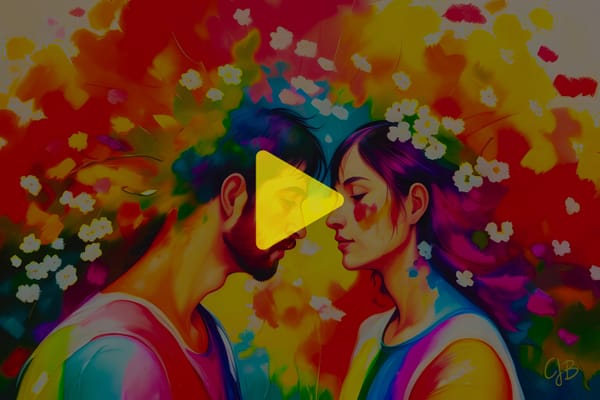 cjb artwork colorful rainbowish of couple in garden facing each other with flowers around