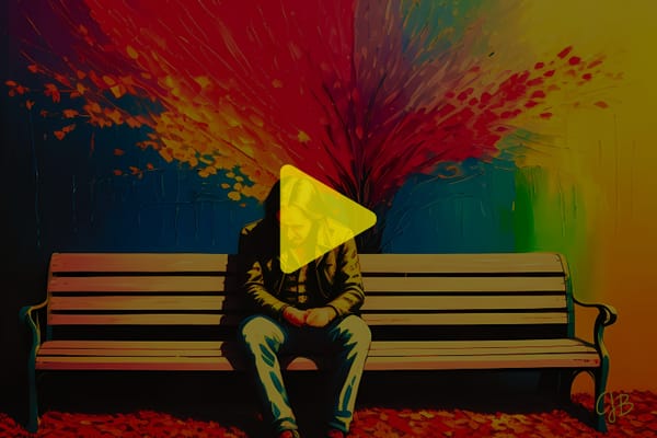 cjb artwork of a man on a bench, rainbow colors in background representing a tree and back drop