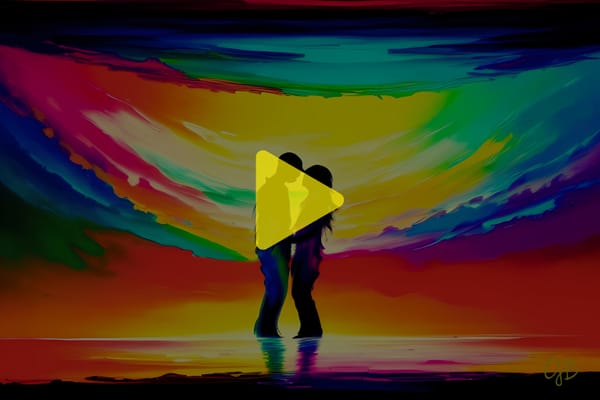 cjb artwork showing rainbow themed abstract of two black central silhouettes holding each other